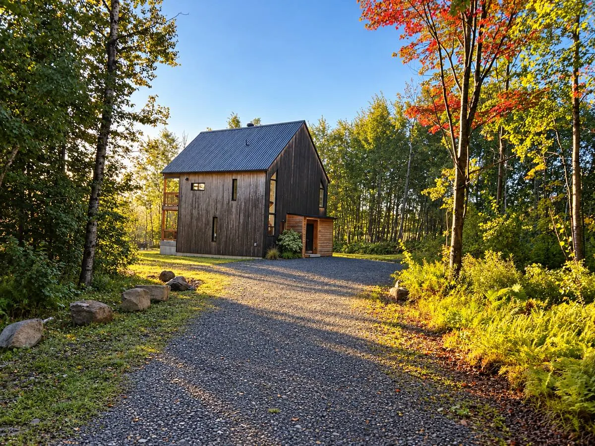 A dark-wood villa at the end of a gravel drive, surrounded by trees in fall colours