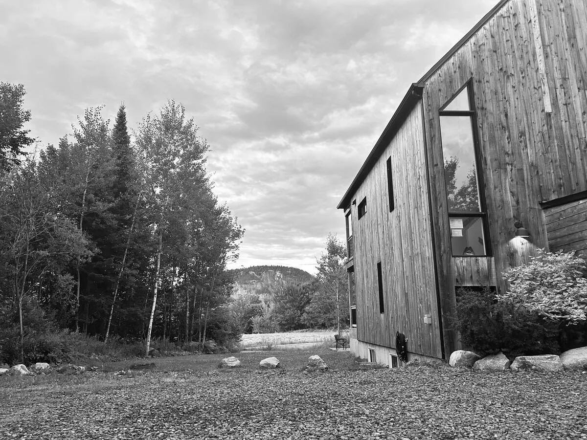 Photo en noir et blanc du haut mur en bois de la Villa Foresta, près d'une cour de gravier, avec la forêt et une montagne au loin