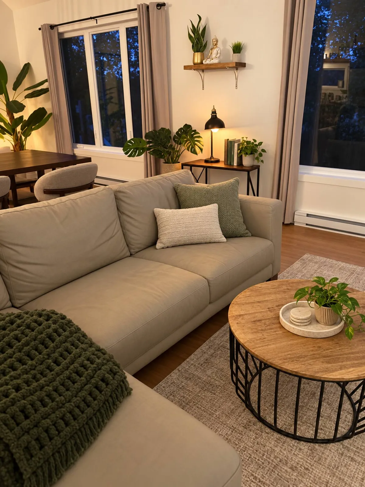 Living room at Villa Foresta with a deep sofa, plants and soft evening light