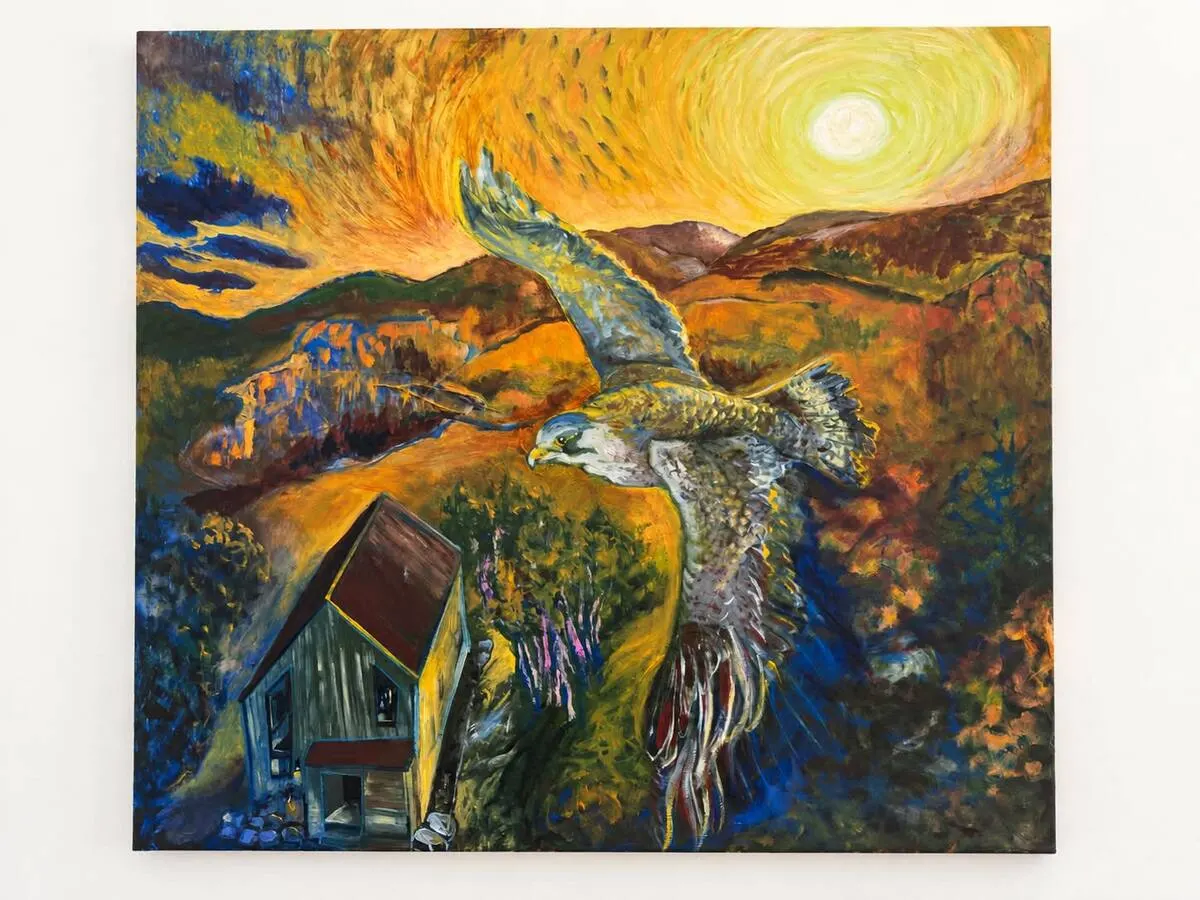 A colourful Québec landscape painting with an owl, hanging at Villa Foresta