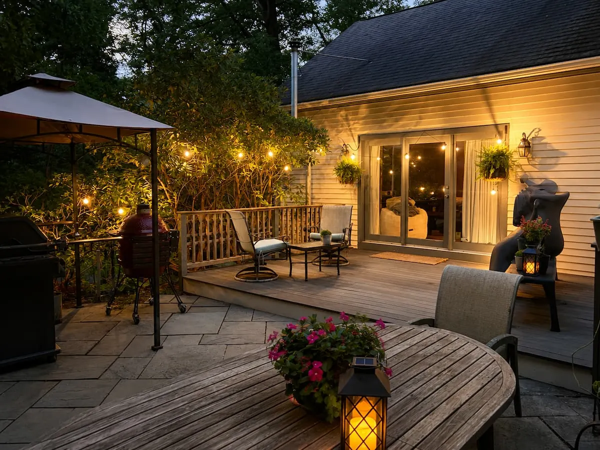 The Southborough patio at dusk, lit by string lights and lanterns